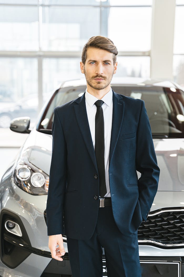 A confident man in a suit stands indoors by a car, exuding professionalism.