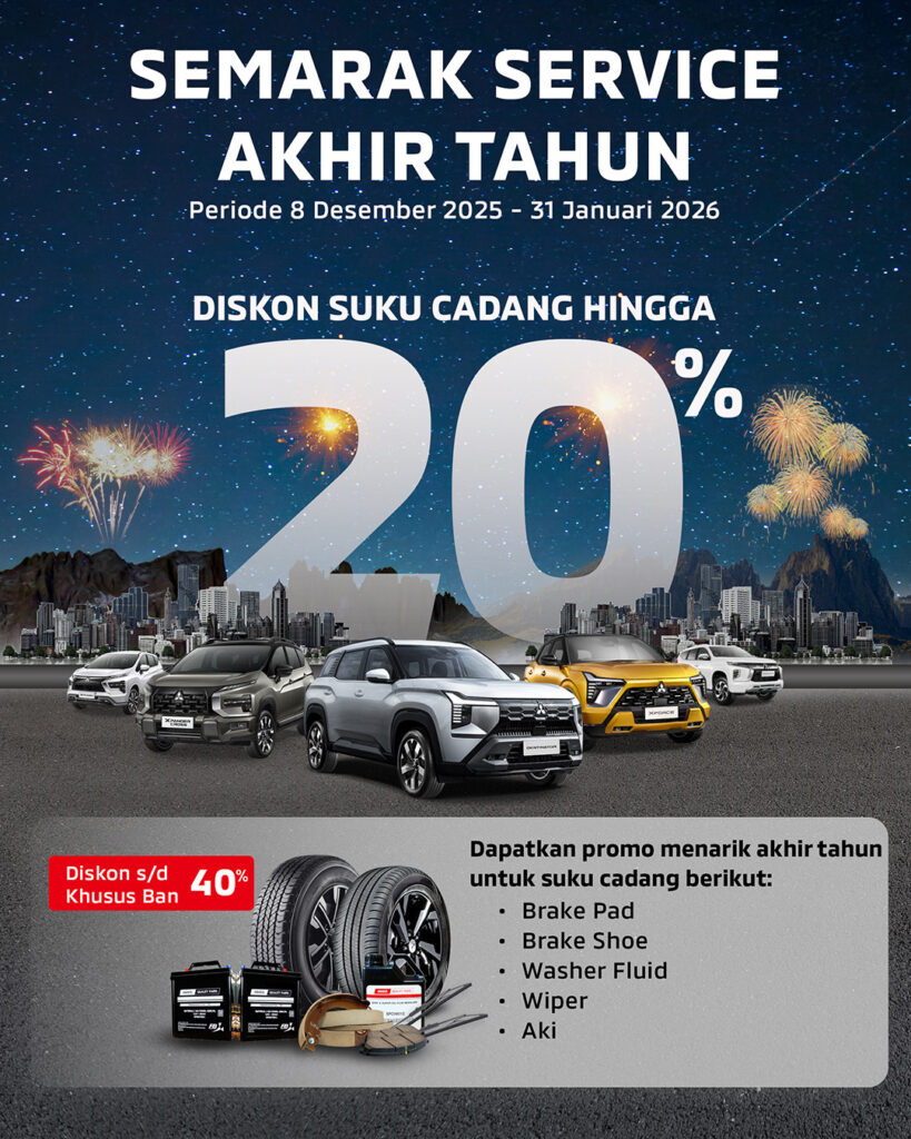 Promo Semarak Service Akhir Tahun Mitsubishi Sun Star Motor, diskon suku cadang 20 persen dan diskon ban 40 persen periode Desember 2025 sampai Januari 2026.